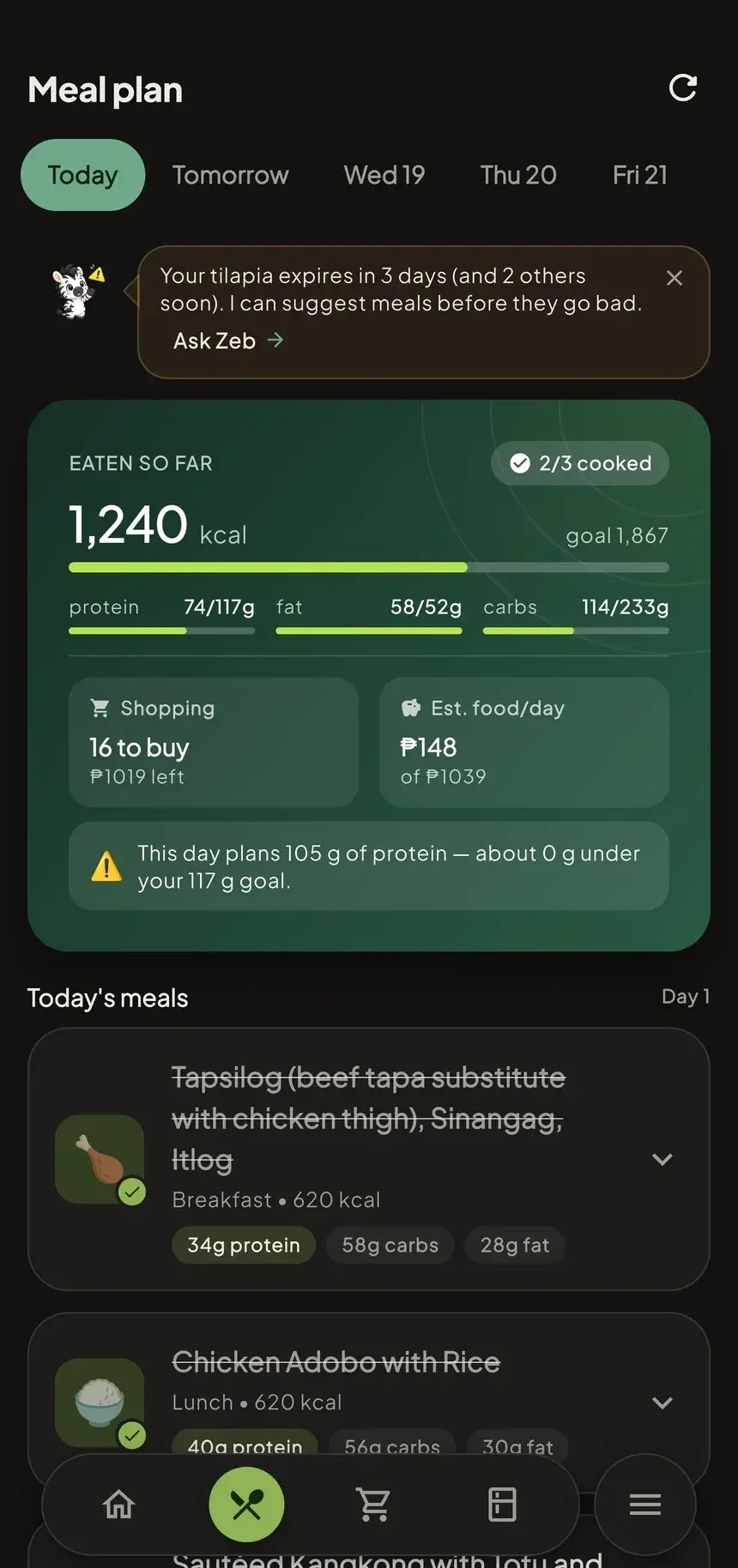 Meal plan: kcal eaten so far of the goal, protein/fat/carb bars, and today's meals.