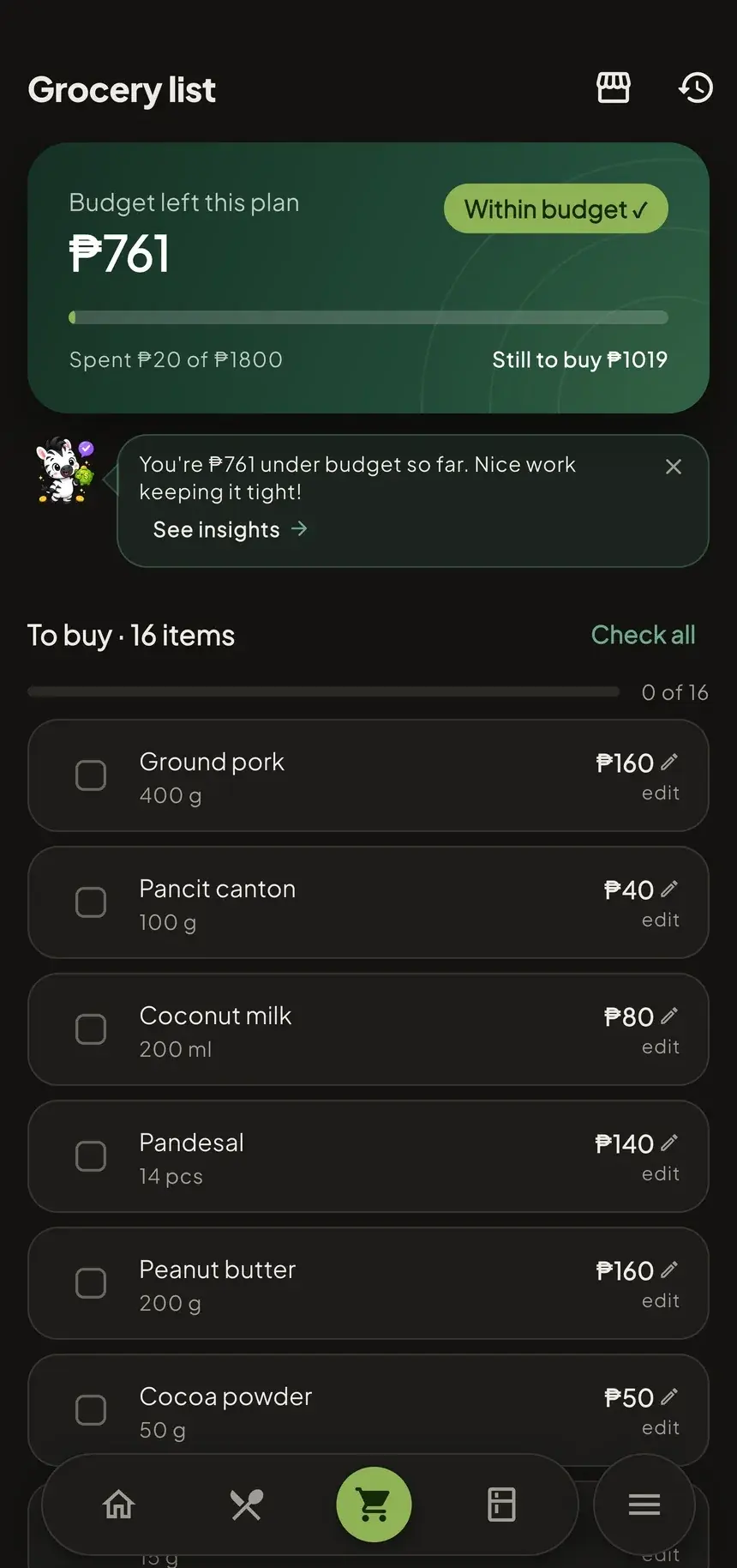 Grocery list: Within budget hero, and priced items still to buy.