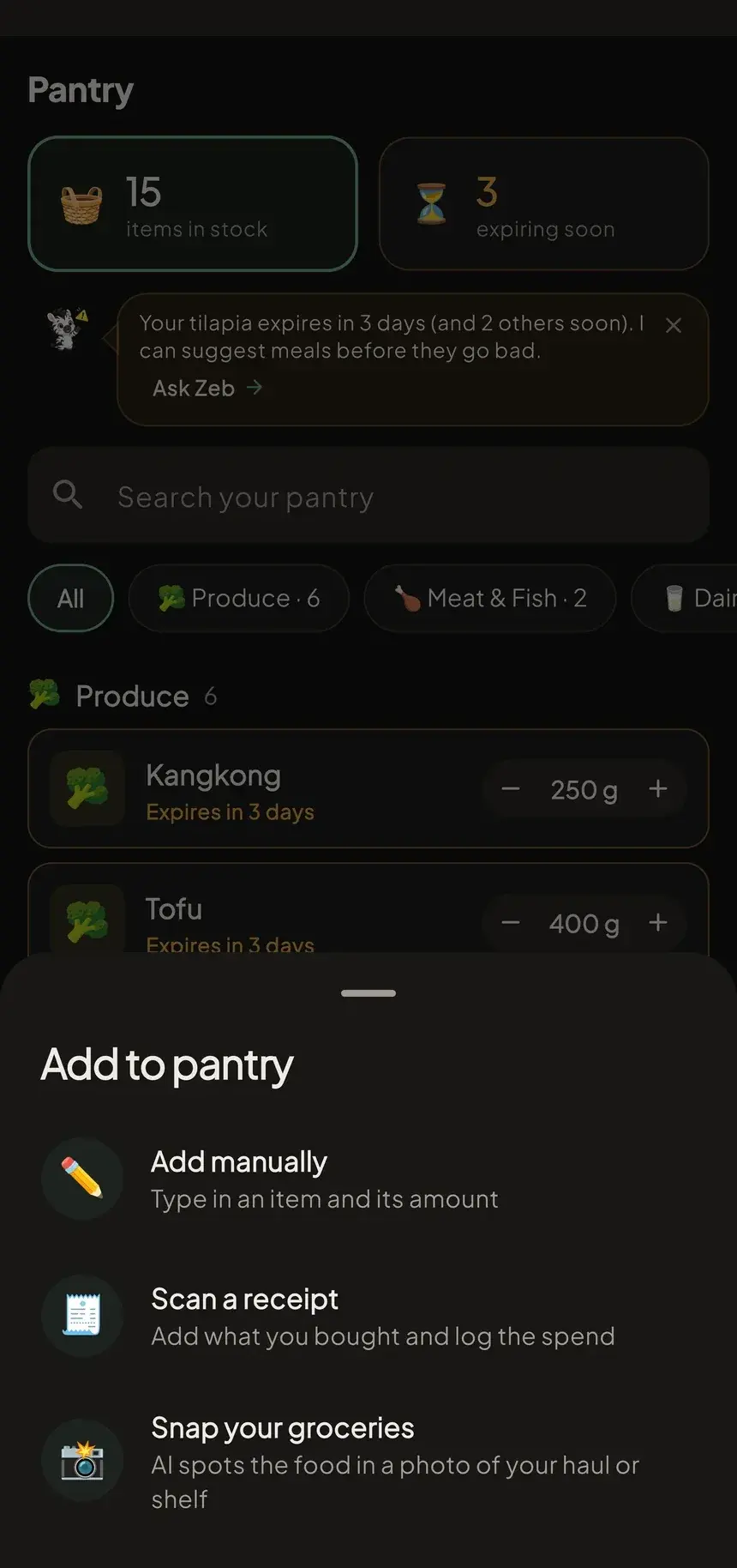 Add to pantry sheet: add manually, scan a receipt, or snap groceries.