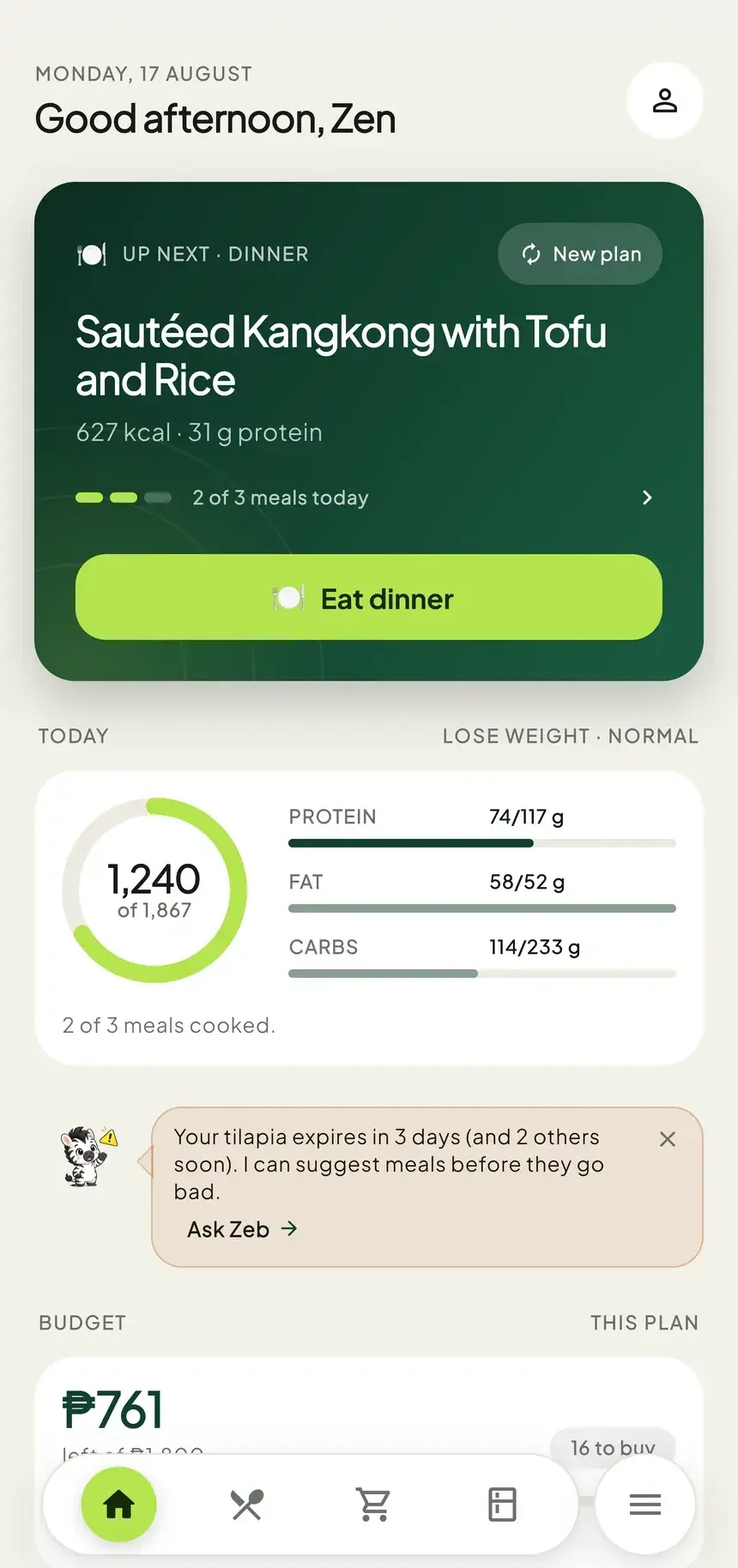 Zebite's home screen, showing the week's meal plan.