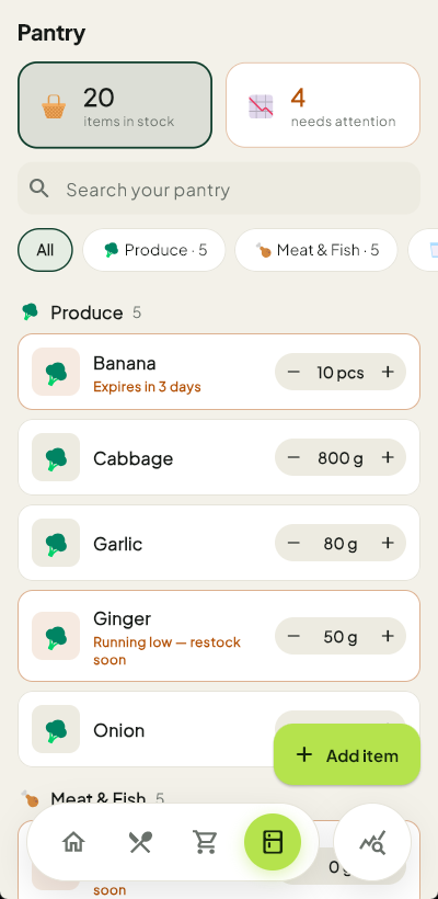 Pantry screen: 20 items in stock with expiry and low-stock tags like ‘expires in 3 days’.