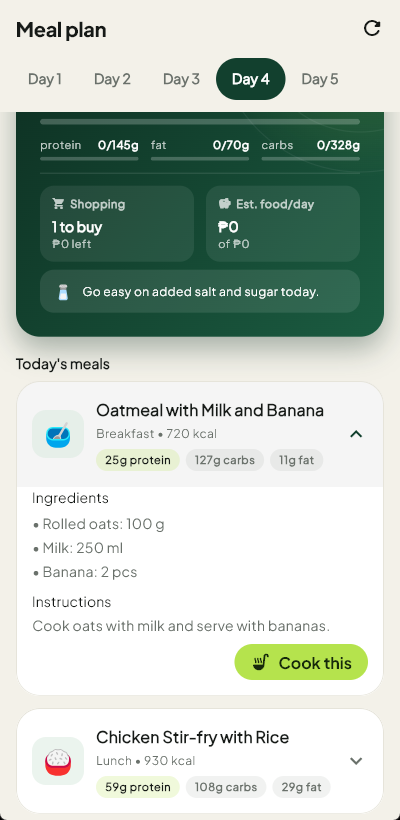 Meal plan screen: an AI recipe for oatmeal with milk and banana, with ingredients, steps and macros.