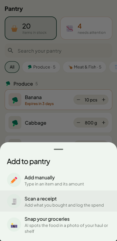 Add to pantry sheet: add manually, scan a receipt, or snap your groceries.
